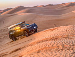 Offroad car driving up the sand dune in Sahara desert