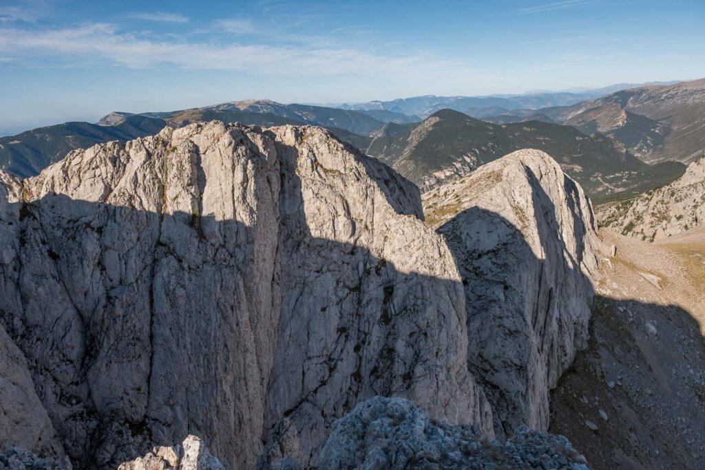 limestone walls of Pedraforca viewed from another summit next to it