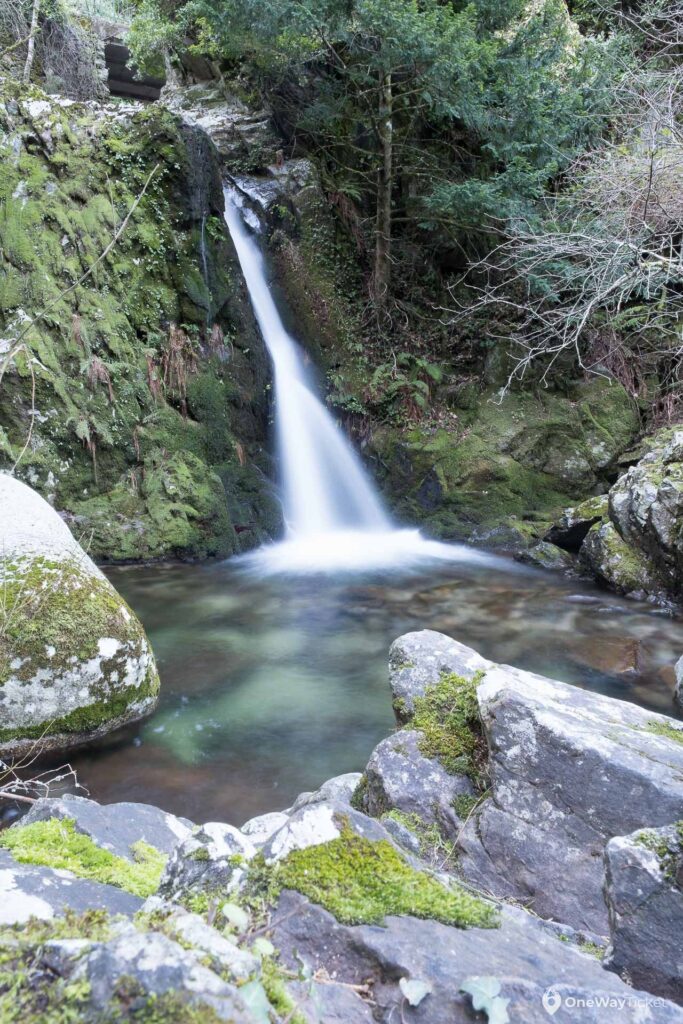 Small waterfall falling into the tiny river lake