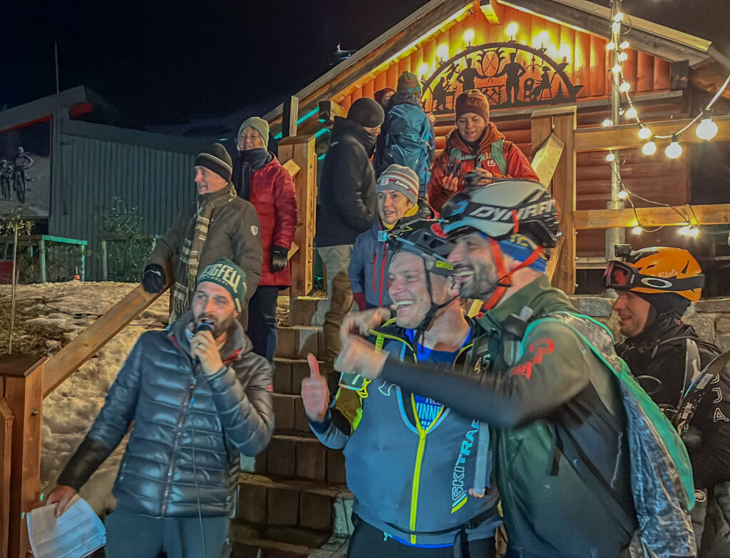 two skimo recers in the finnish celebrating the success on Steigfell Metzelei race