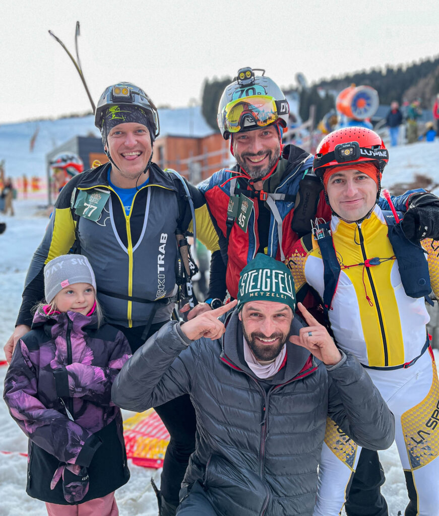 Group of skimo racers in race suits on Steigfell Metzelei